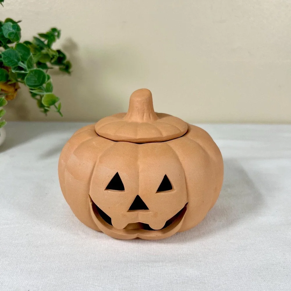 Small Vintage Terracotta Unglazed Pumpkin Jack-O-Lantern